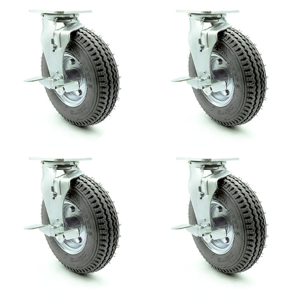 8 Inch Gray Pneumatic Wheel Swivel Casters with Brakes Set